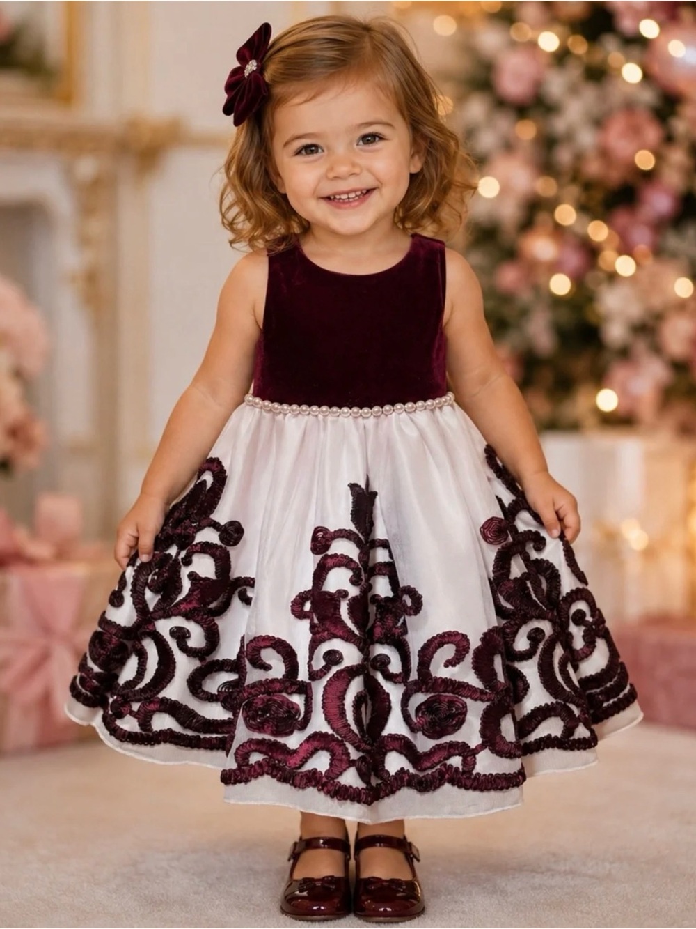 American Princess Burgundy and White Velvet Bodice Tulle Dress